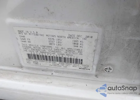 2011 Mitsubishi Galant Es/Se z USA, uszkodzony, nr VIN 4A32B3FF2BE017272